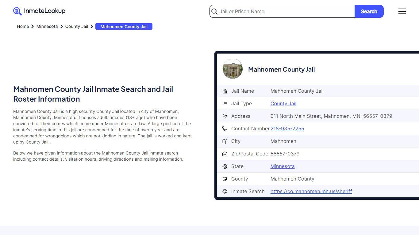 Mahnomen County Jail (MN) Inmate Search and Jail Roster Information